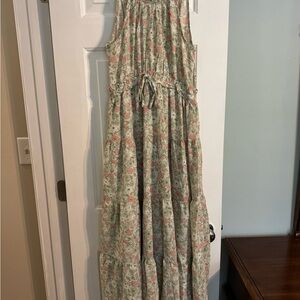 Floral Midi Dress in Green and Pink